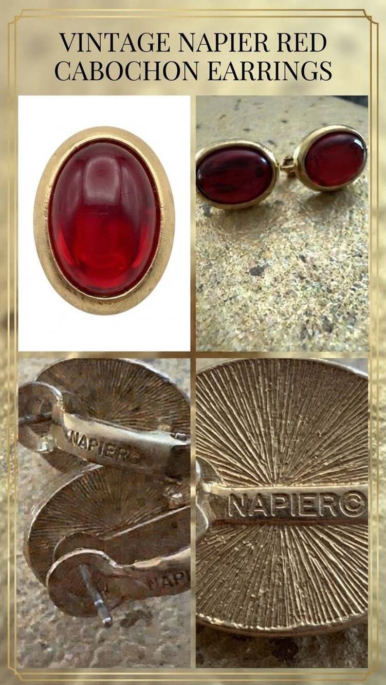 Napier Red Cabochon Gold Tone Vintage Clip-On Earrings